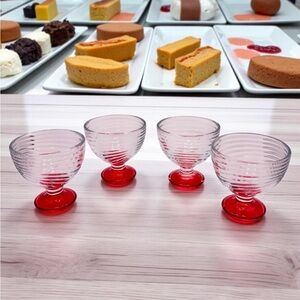 4 Vintage - ARC Swirl MCM / Ribbed Pedestal Dessert Glass Dish Flashed Red Base